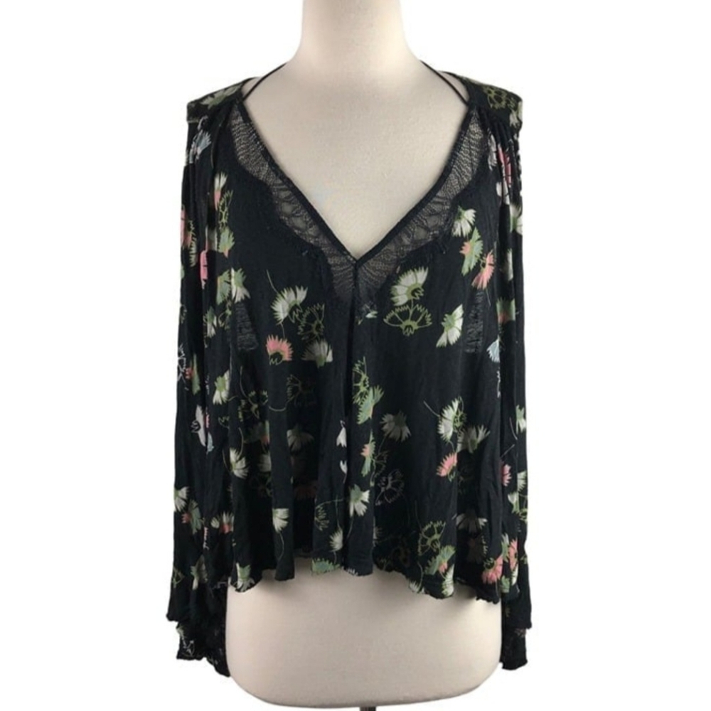 Free People Womens Floral Shirt Black White Pink Green Size Large